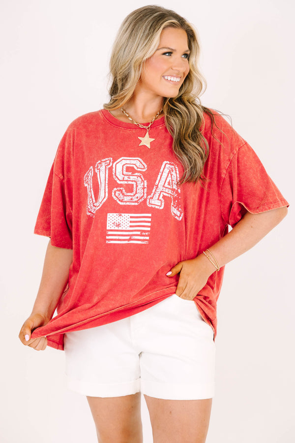dark red acid wash relaxed tee with USA graphic