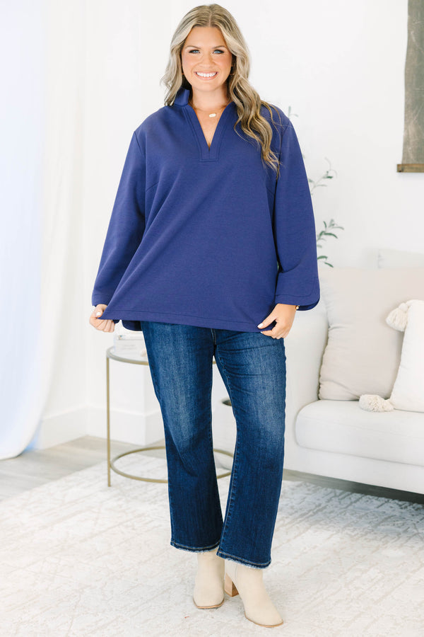 Plus size navy Classic Charm Top with long sleeves, a flowy fit, v-neckline, and stretchy cotton-blend fabric.