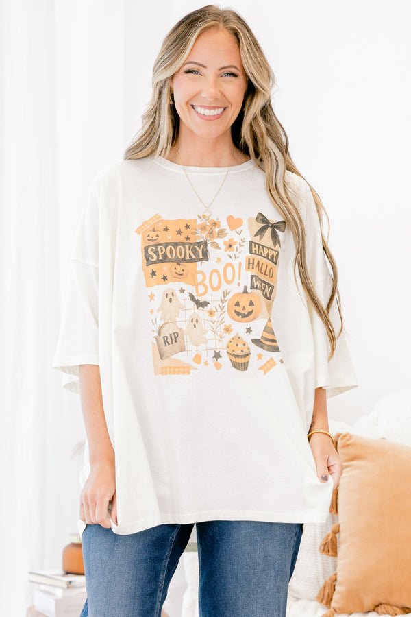 Chic Soul plus size clothing, ivory short sleeve graphic with a graphic in the center of the shirt that has various Halloween objects 