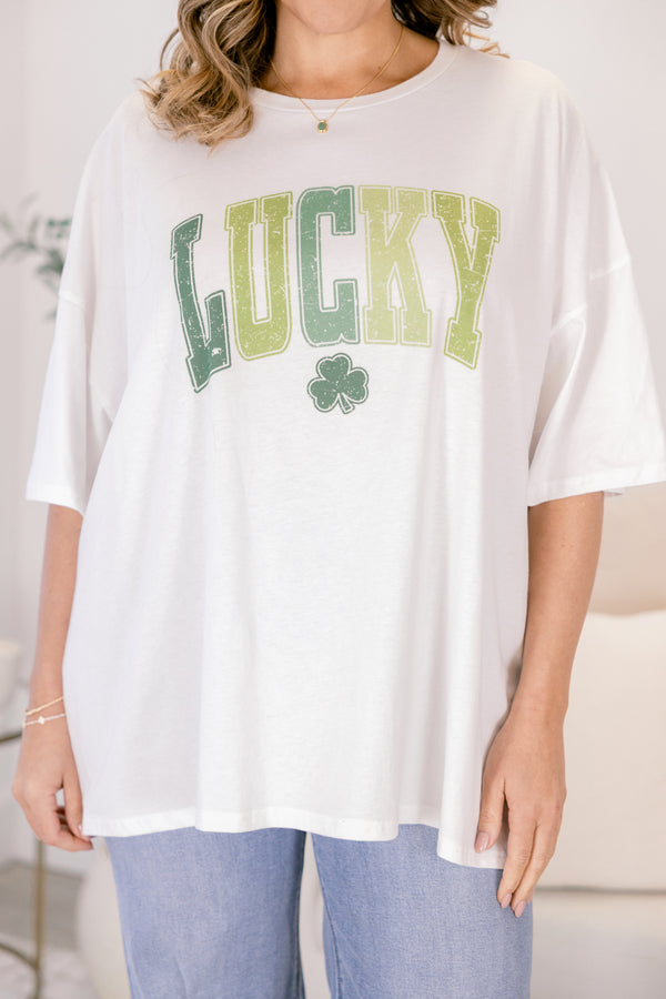 Chic Soul plus size clothing, white short sleeve graphic tee with the word Lucky
