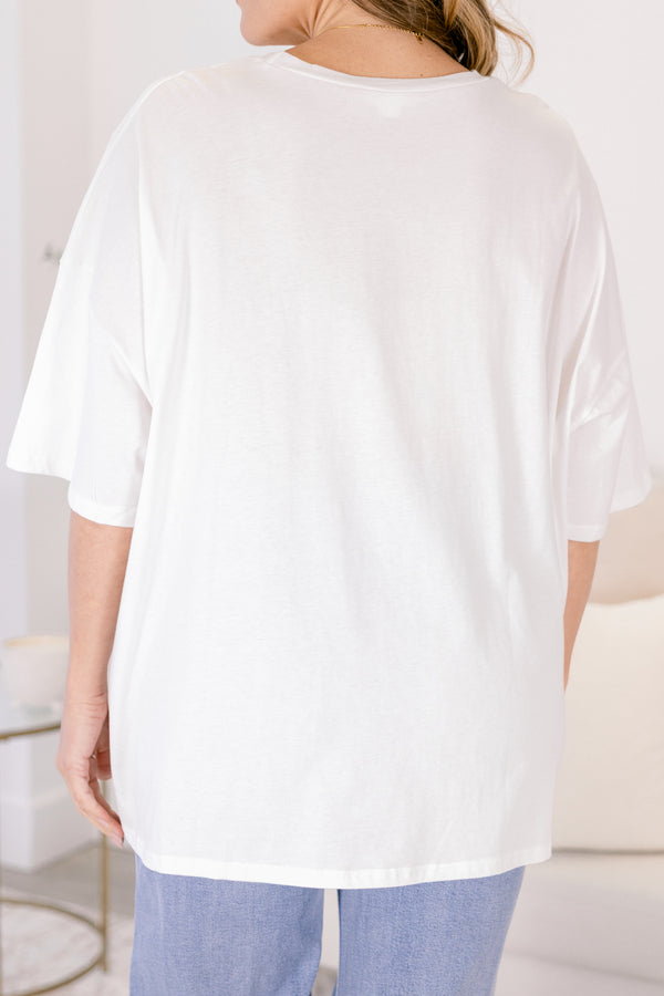 Chic Soul plus size clothing, white short sleeve graphic tee with the word Lucky