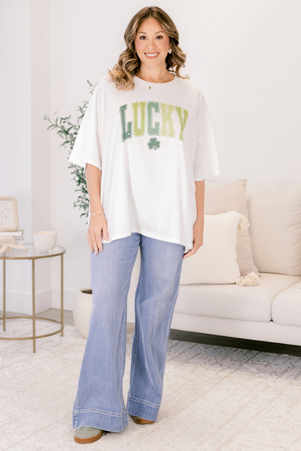 Chic Soul plus size clothing, white short sleeve graphic tee with the word Lucky