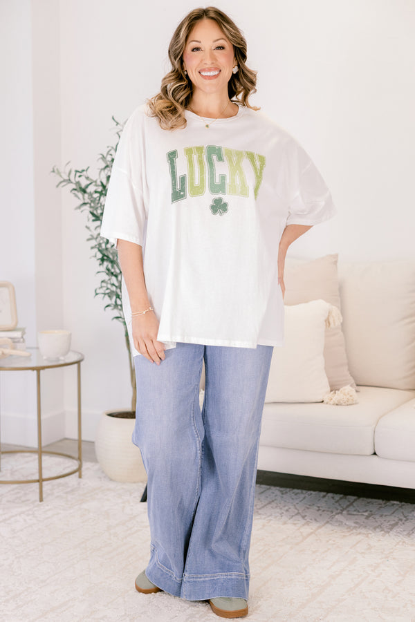 Chic Soul plus size clothing, white short sleeve graphic tee with the word Lucky