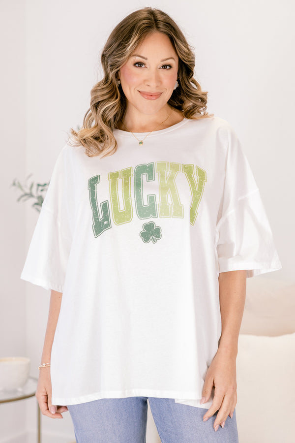 Chic Soul plus size clothing, white short sleeve graphic tee with the word Lucky