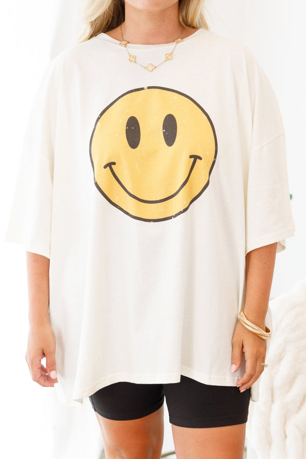 Chic Soul plus size clothing, ivory half sleeve crewneck tee with classic yellow smiley face graphic