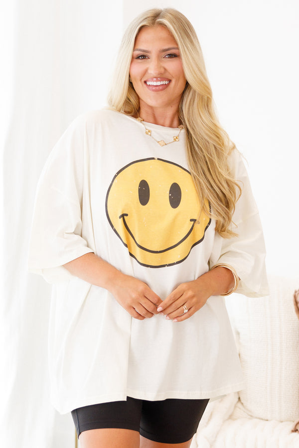 Chic Soul plus size clothing, ivory half sleeve crewneck tee with classic yellow smiley face graphic