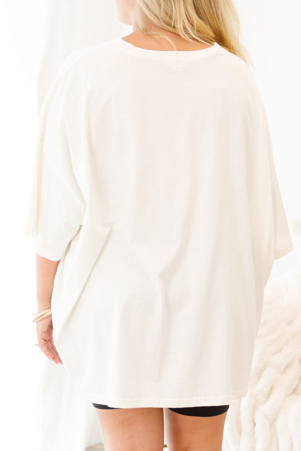 Chic Soul plus size clothing, ivory half sleeve crewneck tee with classic yellow smiley face graphic