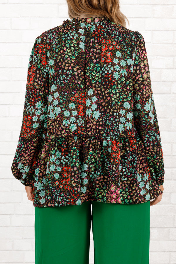 Chic Soul plus size clothing, multicolored floral pattern top with a high neckline and bubble sleeves