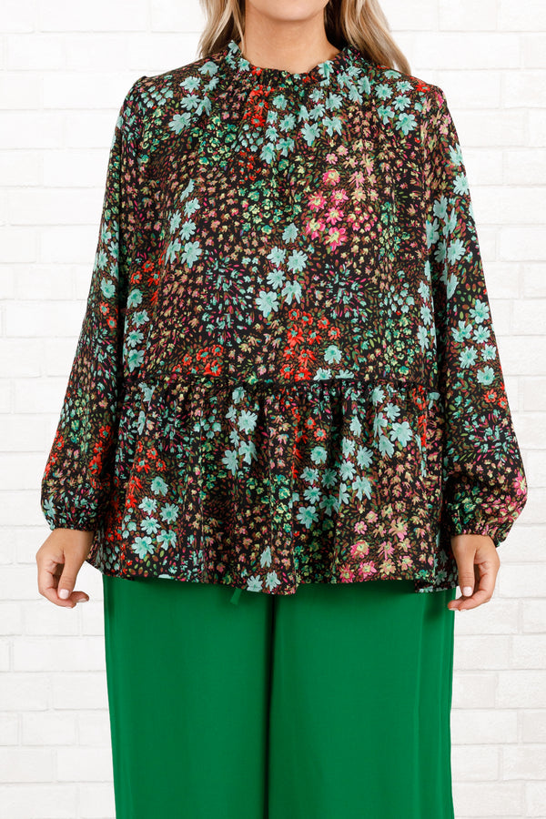 Chic Soul plus size clothing, multicolored floral pattern top with a high neckline and bubble sleeves