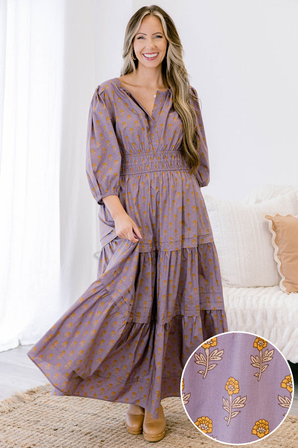 Chic Soul plus size clothing, dusty light purple long sleeve tiered maxi dress with v neckline and small yellow flower pattern