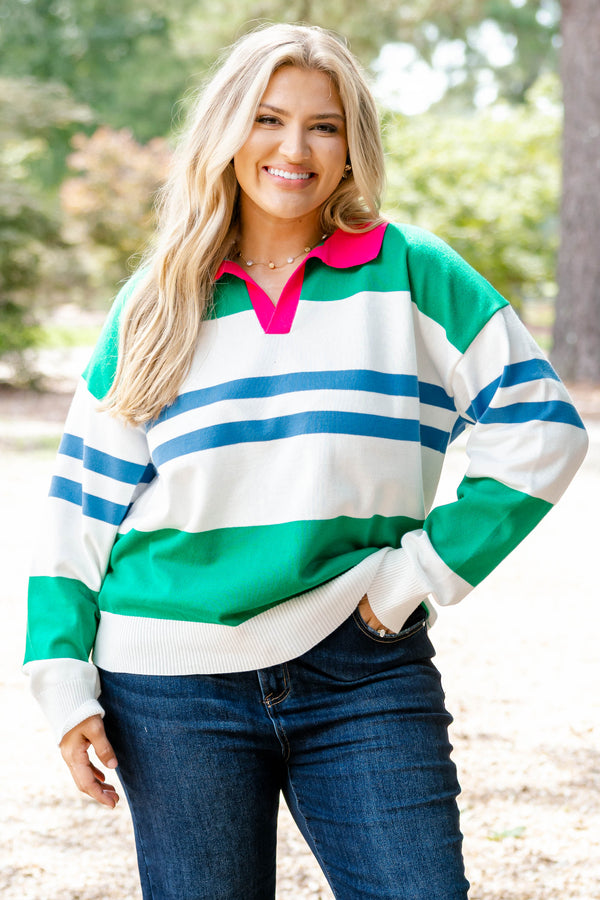 Chic Soul plus size clothing, green white and blue multi striped sweater with bright pink collar