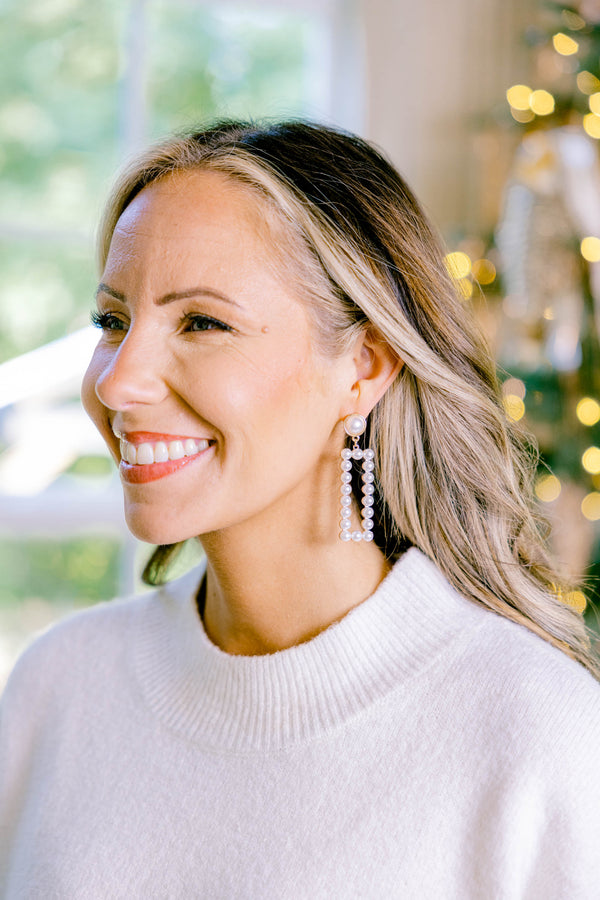 Chic Soul plus size clothing, pearl statement earrings that have a large pearl anchor stud and a rectangle shape drop down in pearl