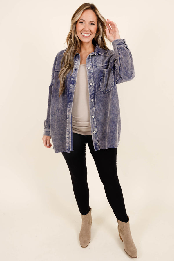 Chic Soul plus size clothing, light navy colored button up shacket with distressed cudoroy material