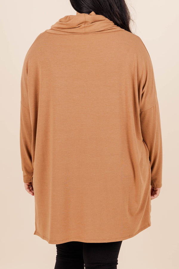 Chic Soul plus size clothing, deep camel colored long sleeve top with a cowl neck and a split hem