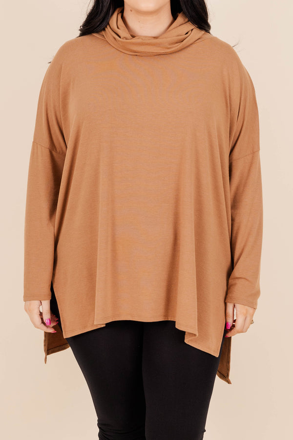 Chic Soul plus size clothing, deep camel colored long sleeve top with a cowl neck and a split hem