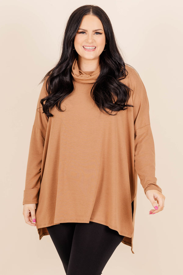 Chic Soul plus size clothing, deep camel colored long sleeve top with a cowl neck and a split hem