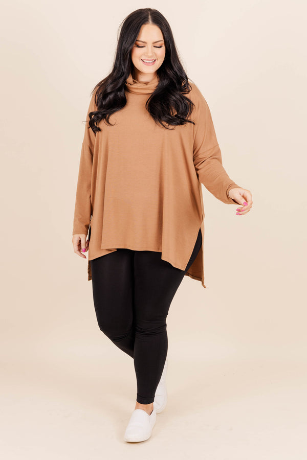 Chic Soul plus size clothing, deep camel colored long sleeve top with a cowl neck and a split hem
