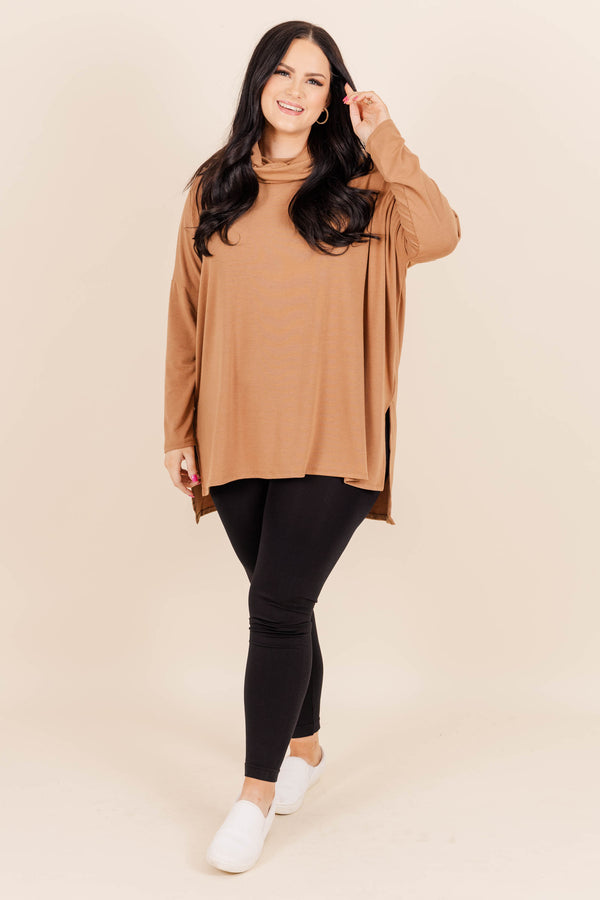 Chic Soul plus size clothing, deep camel colored long sleeve top with a cowl neck and a split hem