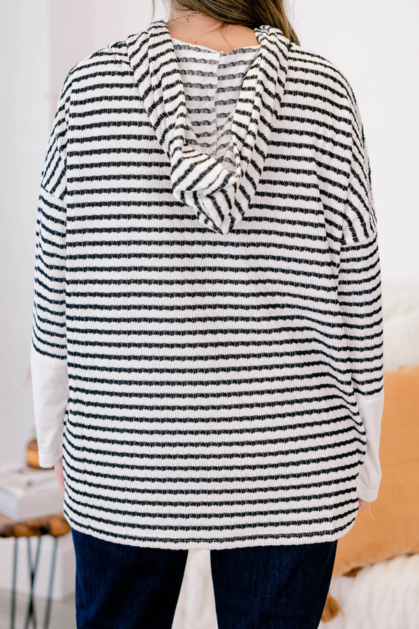 Chic Soul plus size clothing,  cream long sleeve hoodie with black stripes with button up neckline detail with hood and white cuff sleeves