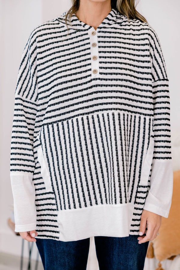 Chic Soul plus size clothing,  cream long sleeve hoodie with black stripes with button up neckline detail with hood and white cuff sleeves