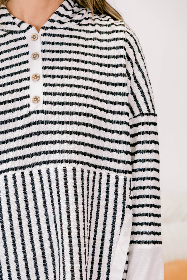 Chic Soul plus size clothing,  cream long sleeve hoodie with black stripes with button up neckline detail with hood and white cuff sleeves