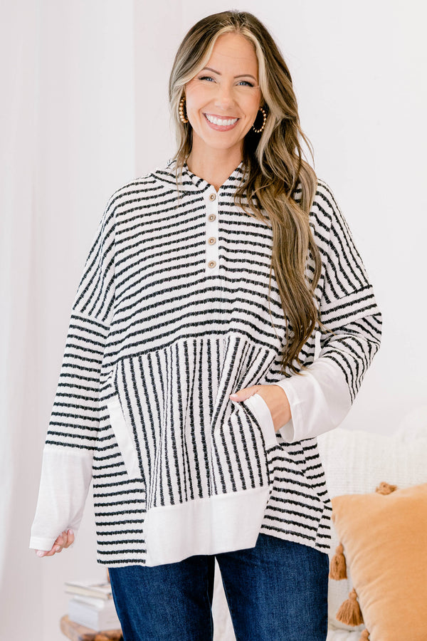 Chic Soul plus size clothing,  cream long sleeve hoodie with black stripes with button up neckline detail with hood and white cuff sleeves