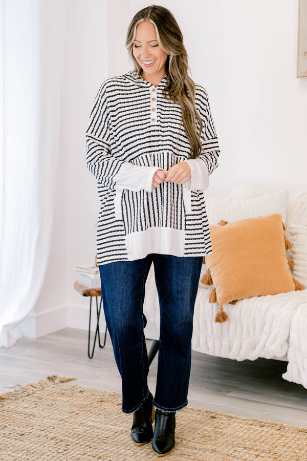 Chic Soul plus size clothing,  cream long sleeve hoodie with black stripes with button up neckline detail with hood and white cuff sleeves