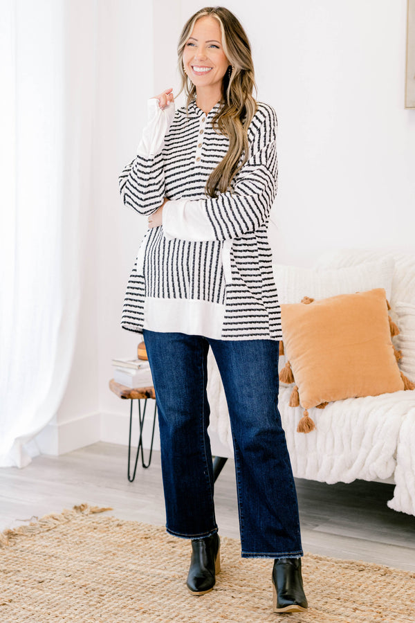 Chic Soul plus size clothing,  cream long sleeve hoodie with black stripes with button up neckline detail with hood and white cuff sleeves