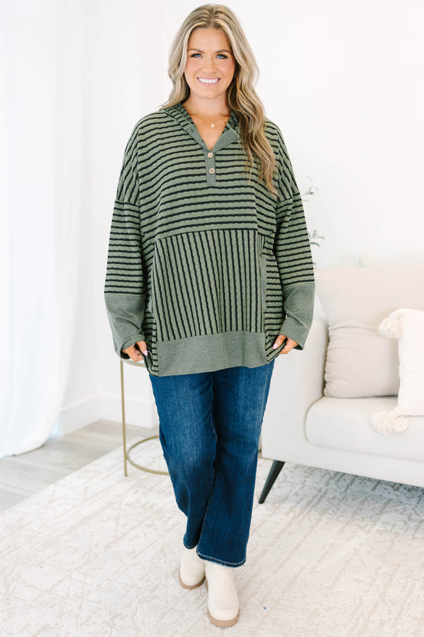 Chic Soul plus size clothing, green and black striped hoodie with a half-button placket and kangaroo pocket