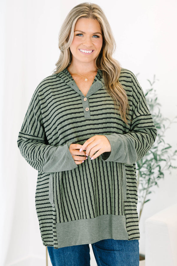 Chic Soul plus size clothing, green and black striped hoodie with a half-button placket and kangaroo pocket