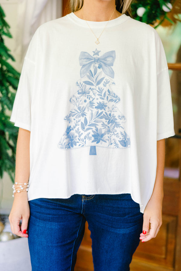 Chic Soul plus size clothing, white oversized slightly cropped graphic tee with blue floral patterned Christmas tee