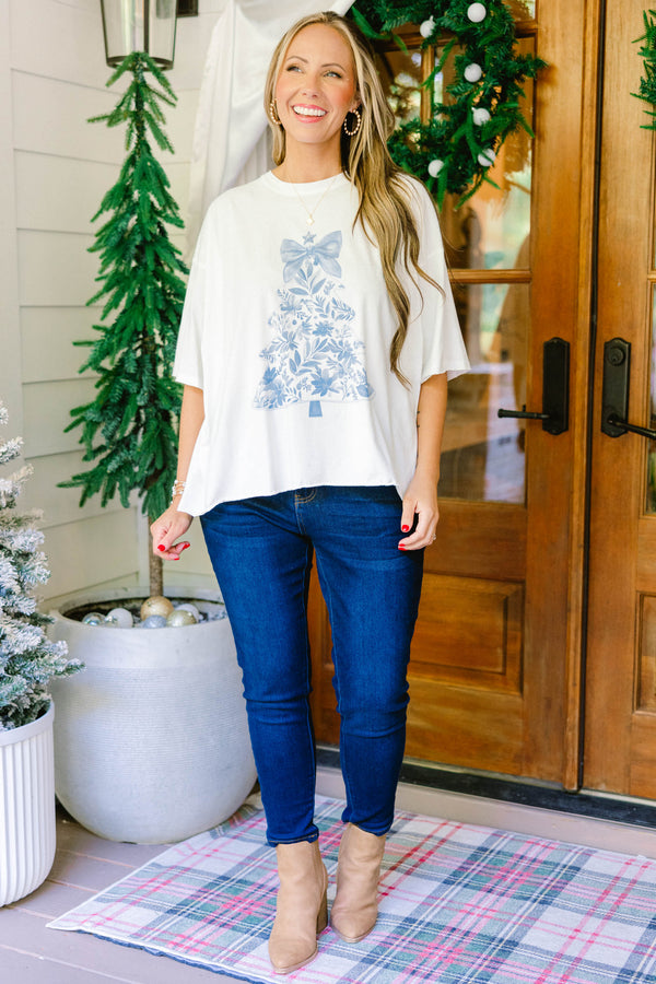 Chic Soul plus size clothing, white oversized slightly cropped graphic tee with blue floral patterned Christmas tee