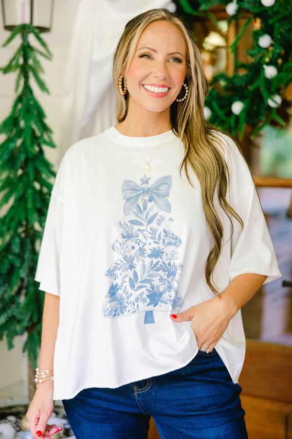 Chic Soul plus size clothing, white oversized slightly cropped graphic tee with blue floral patterned Christmas tee
