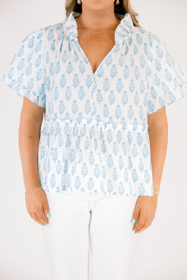 Chic Soul plus size clothing, white short flutter sleeve peplum top with light blue block pattern and v neckline cutout