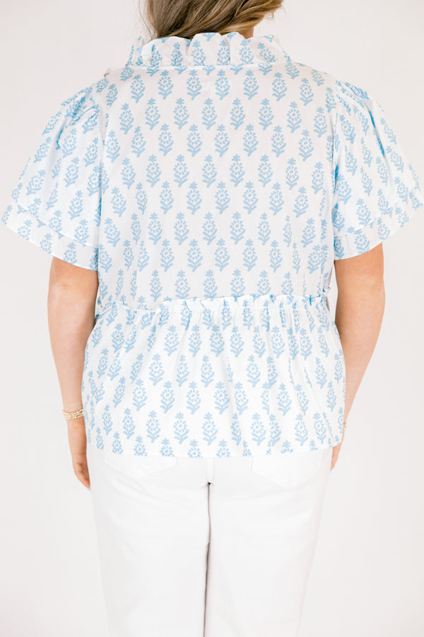 Chic Soul plus size clothing, white short flutter sleeve peplum top with light blue block pattern and v neckline cutout