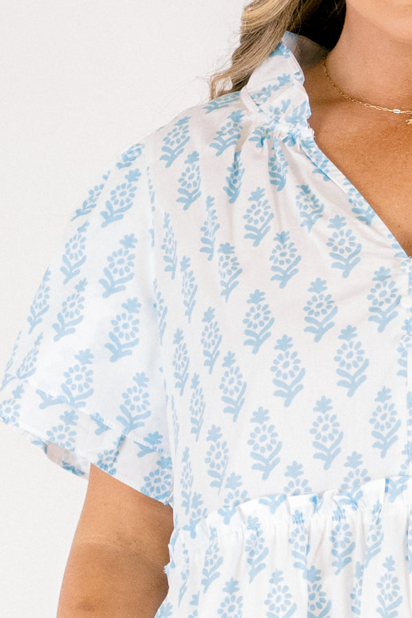 Chic Soul plus size clothing, white short flutter sleeve peplum top with light blue block pattern and v neckline cutout