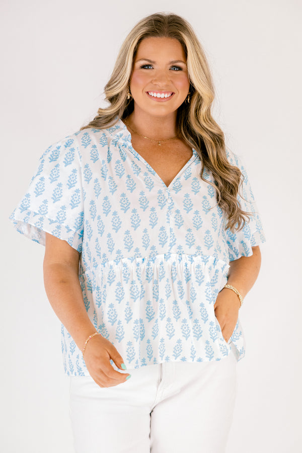 Chic Soul plus size clothing, white short flutter sleeve peplum top with light blue block pattern and v neckline cutout