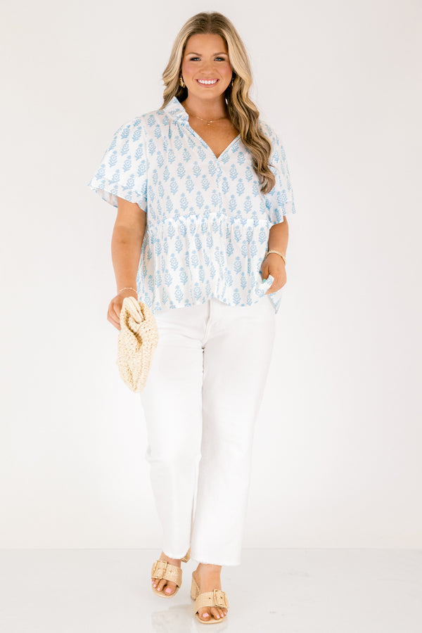 Chic Soul plus size clothing, white short flutter sleeve peplum top with light blue block pattern and v neckline cutout