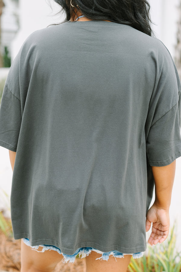 Chic Soul plus size clothing, dark grey short sleeve boyfriend tee with “Coast and Country club” text and beach chair scene graphic
