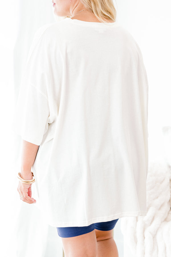 Chic Soul plus size clothing, ivory short sleeve graphic tee with the words 