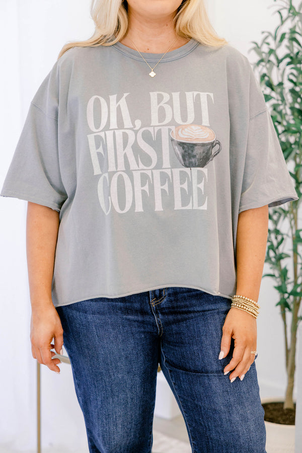 Chic Soul plus size clothing, short-sleeve drop-shoulder vintage gray wash tee with a high-scoop-neckline and the words 