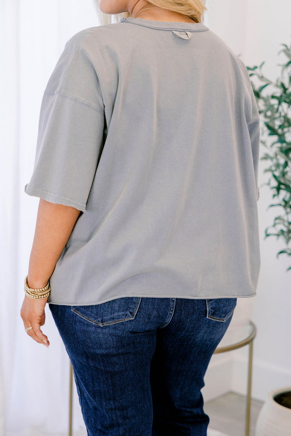 Chic Soul plus size clothing, short-sleeve drop-shoulder vintage gray wash tee with a high-scoop-neckline and the words 