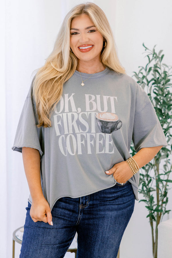 Chic Soul plus size clothing, short-sleeve drop-shoulder vintage gray wash tee with a high-scoop-neckline and the words 