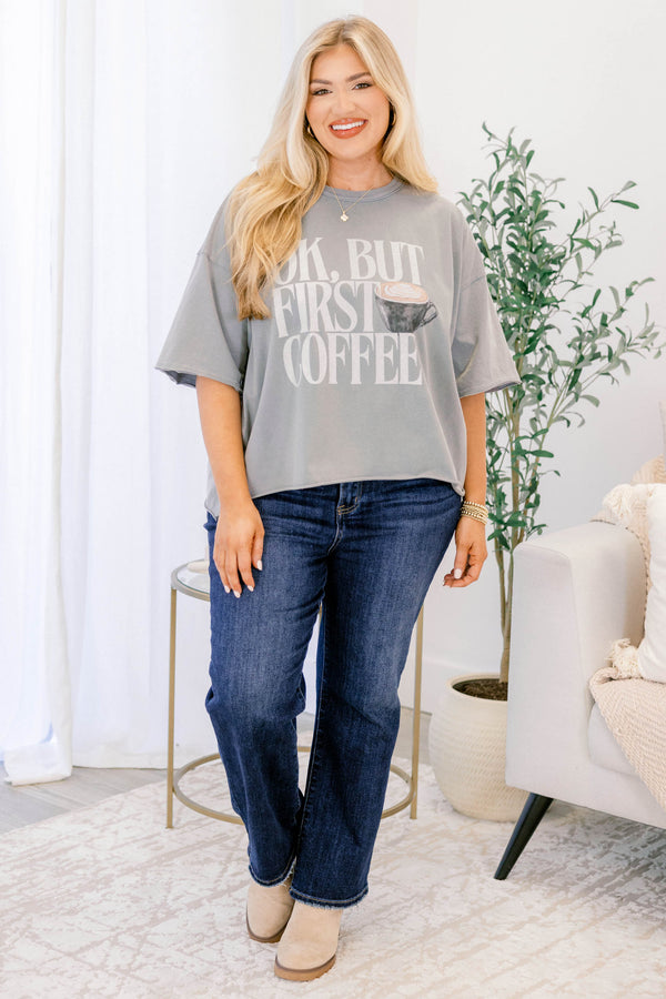 Chic Soul plus size clothing, short-sleeve drop-shoulder vintage gray wash tee with a high-scoop-neckline and the words 