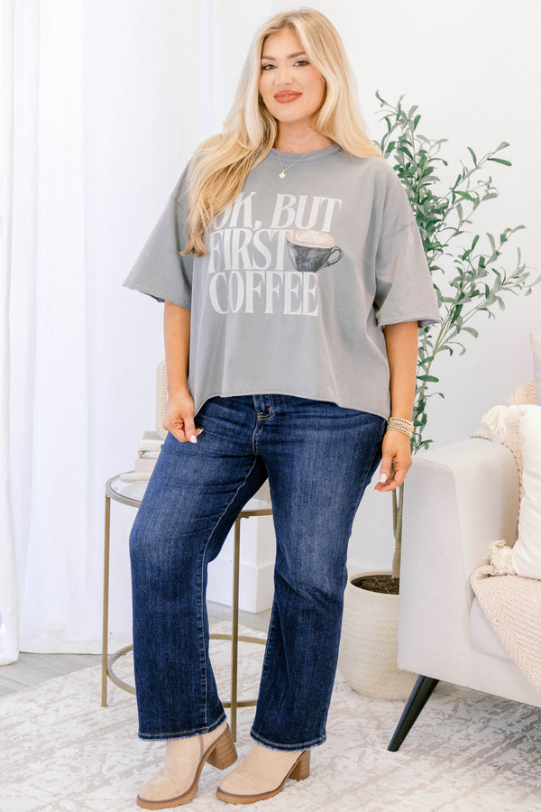 Chic Soul plus size clothing, short-sleeve drop-shoulder vintage gray wash tee with a high-scoop-neckline and the words 