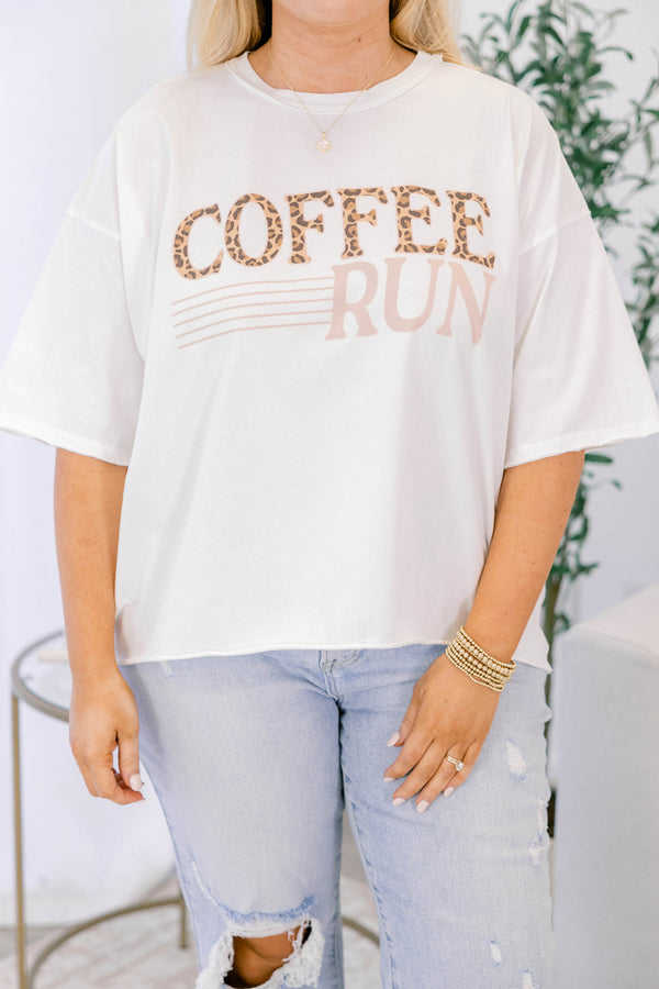 Chic Soul plus size clothing, white, short sleeve, t-shirt with 'Coffee Run' text across the front