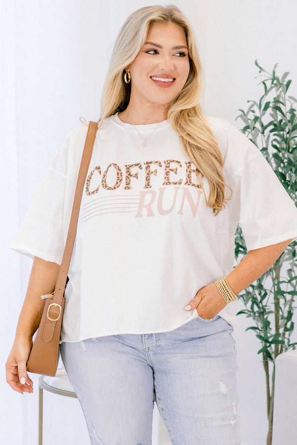 Chic Soul plus size clothing, white, short sleeve, t-shirt with 'Coffee Run' text across the front