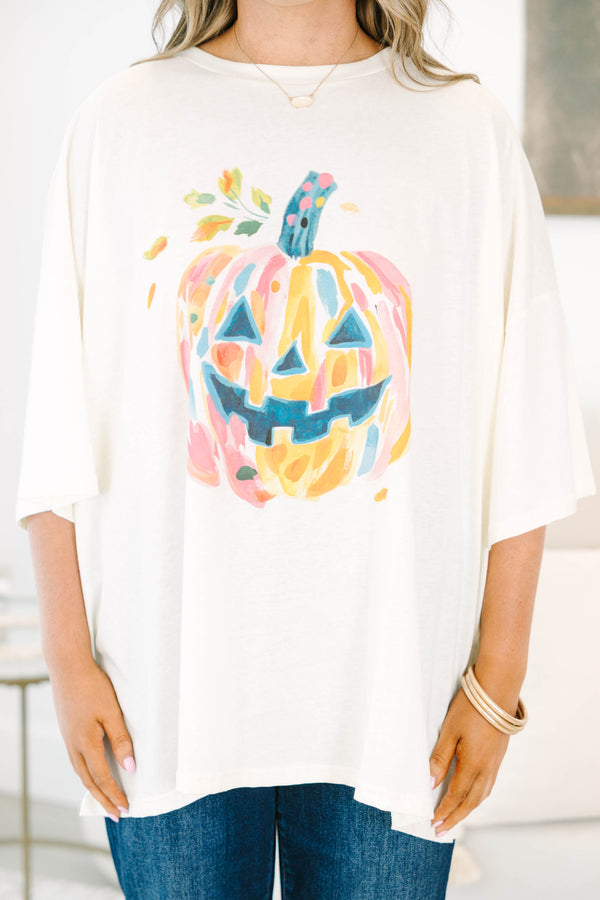 Plus size ivory boyfriend tee with a colorful watercolor jack-o'-lantern graphic.