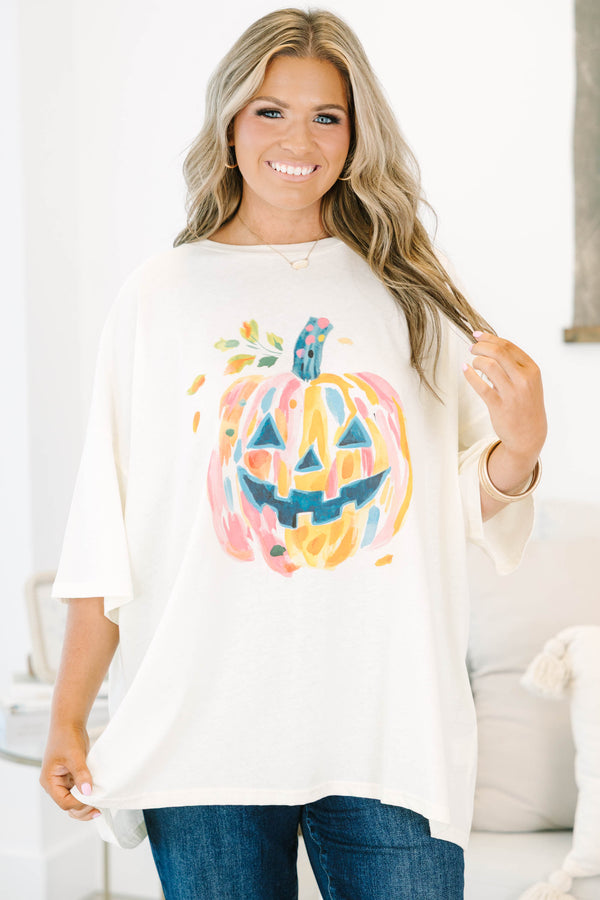 Plus size ivory boyfriend tee with a colorful watercolor jack-o'-lantern graphic.