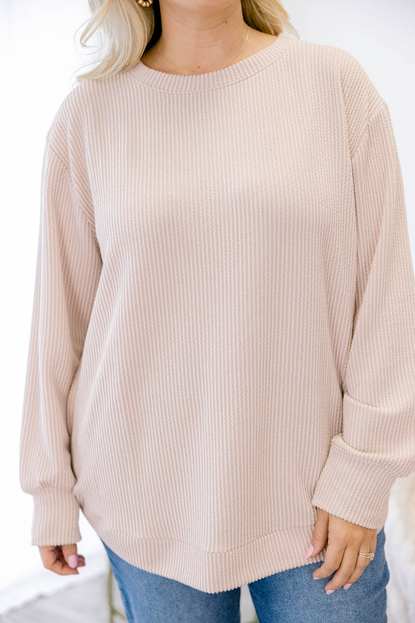 Chic Soul plus size clothing, light tan long sleeve casual crewneck top with ribbed material